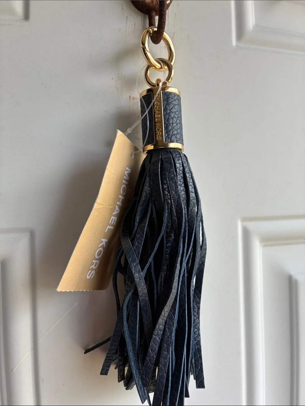 Michael Kors Black Leather Tassel Key & Bag Charm with Gold Hardware